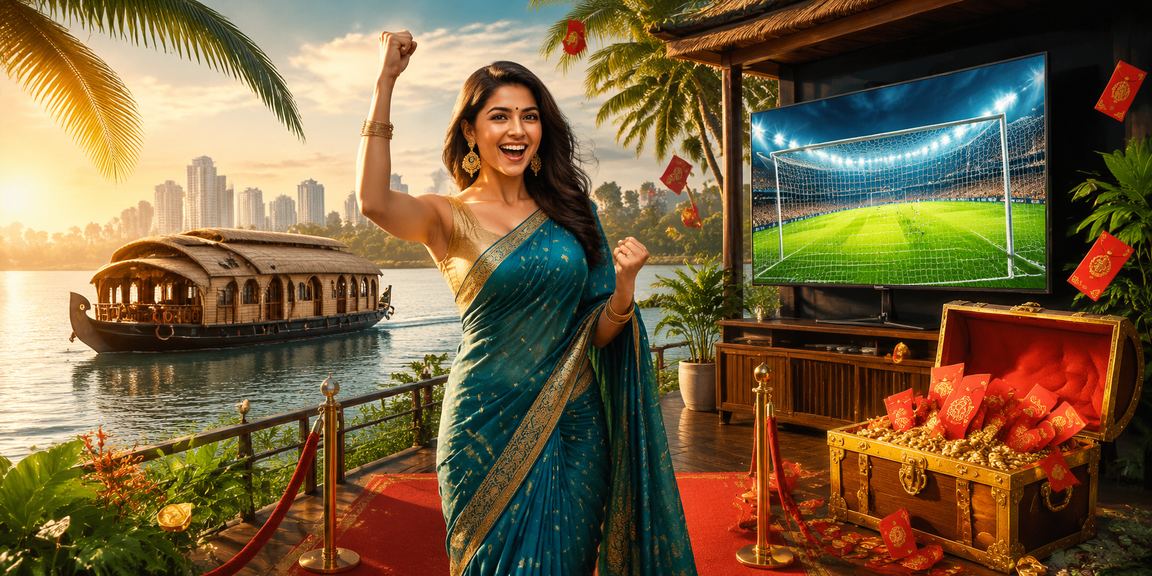 Festive Indian woman enjoying mobile gaming by Kerala backwaters